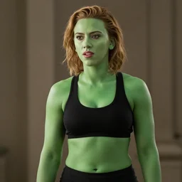 scarlett johansson, green skin, muscular, movie still
