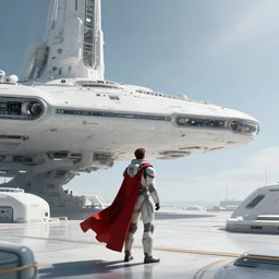 a sigma man in futuristic space suit and red cape looking at a massive spaceship construction, white color, scifi, serene, refined, by swang, wlop, peter mohrbacher, jakub rebelka, visually stunning, beautiful, masterpiece
