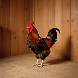 a film production still, 2 8 mm, wide shot of a rooster, cabin interior, wooden furniture, cobwebs, spiderwebs, window light illuminates dust in the air, abandoned, depth of field, cinematic