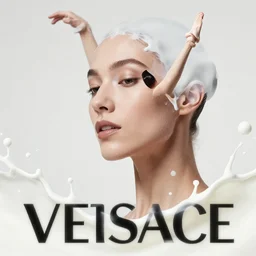 close up of face of fashion model in ballet pose splashed with milk, big drips of paint, official versace editorial, highly detailed