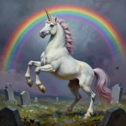 a stunning detailed mate painting of a humonid unicorn dancing under a rainbow on a graveyard'by wayne barlowe, existential horror, trending on cgsociety artstation, highly detailed, 8 k, masterpiece, super resolution.