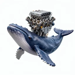 digital art of cachalot whale with large rectangular head, eight - cylinder pistons from v 8 engine!!!!!!!! are sticking out of the head of cachalot, hybrid!!!!!!! of engine and cachalot head, full - body!!!!, side view, wide angle, cyberpunk style