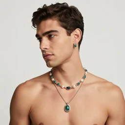 the jewelpunk aesthetic, realism, jewel tones, handsome man, jewelry is always present in every scene, analogous colors, moderate saturation