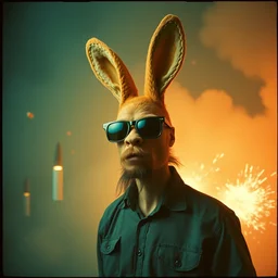 kodak portra 4 0 0, wetplate, muted colours, teal and orange colours, explosions, rockets, funny sunglasses, floating krampus, bunny head, the walking dead, 1 9 2 0 s style, motion blur, portrait photo of a backdrop, bombs, sparkling, fog, by georges melies and by britt marling