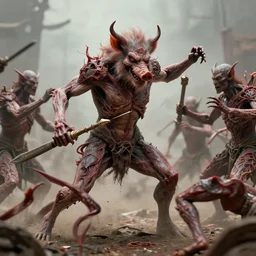 movie still of porcine demon battle chaos, intricately macerated by age, sentient, dethroned goliath machine, blood turbines, hydrocracking battles, rusted, macerated, eviscerated by fimbria wires, bicornate fungal pit, brass sheen rotting, by alberto bontempi, jack kirby, alex ross, shigeru komatsuzaki