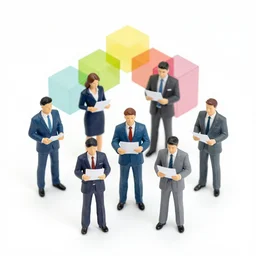 A small group of miniature professional people holding white papers, isometric, highly detailed, sharp lines, hexagons, angular 16-color