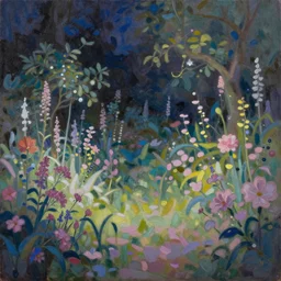 a gorgeous, fantastic, magic night garden landscape by michael kidd, trending on artstation, oil on canvas, dull low contrast colors, pastel colors