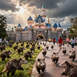 hundreds of opossums invading disneyland, guests running away in terror, photo