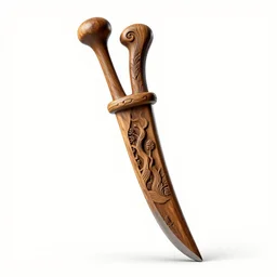 carved wooden glaive, photorealistic, isolated on a pure white background, centered, entire object in frame, sharp focus, soft studio lighting