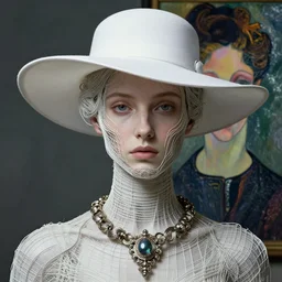 seed 1747097482 a beautiful Futuristic portrait with white hat made by wires and twisted around her face ,necklace made by wires ,design by Leonardo DaVinci , inspired by egon schiele ,modern art,baroque art jewelry , new classic,hyper realistic,cinematic composition,cinematic lighting,fashion design, concept art, hdri,8k