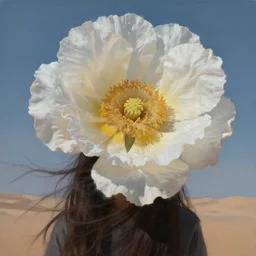 closeup, huge flower head, girl in desert, surreal photography, wind and cold, dramatic sky, impressionist painting, digital painting, artstation, simon stalenhag