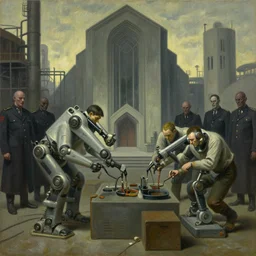 drab human workers building robots, watched by evil fascist overlords, brutalist factory chapel, dystopian, pj crook, edward hopper, oil on canvas