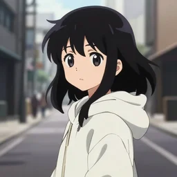 anime visual, portrait of a young black haired girl wearing hoodie on the city street, cute face by yoh yoshinari, katsura masakazu, studio lighting, half body, dynamic perspective, strong silhouette, anime cels, ilya kuvshinov, cel shaded, crisp and sharp, rounded eyes