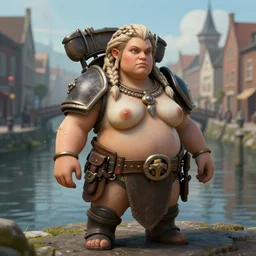 a chubby dwarven woman by a canal the middle of the city, by johan grenier, fantasy artwork, warhammer 4 0 k, intricate braided hair, short plump figure, smooth, highy detailed face, centered, ultra detailed, 8 k, hd