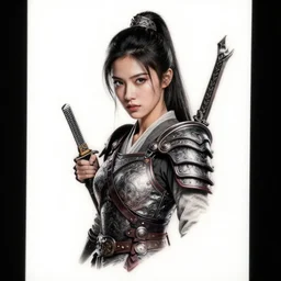 tattoo design of a hyper - realistic beautiful girl warrior, hyper detailed, in the design of eliot kohek, on white background