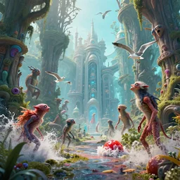 strange creatures wandering The Grove, And the flung spray and the blown spume and the seagulls crying, jellymeat, cinematic, hyper realism, high detail, octane render, unreal engine, 8k, vibrant color, Cthylla's laboratory!, fake 3D meshes!!, unique architecture, by andrea chiampo and chet zar