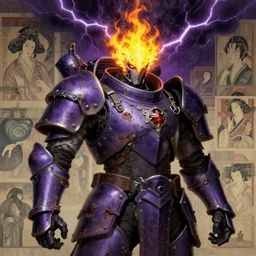 composition portrait of gothic and futuristic, warhammer, cyber japan style armor, more and more scars, thunderstorm, fire head, purple and yellow, highly detailed, artstation, in the style of moebius, jugendstil and classic japanese print, art by jean delville and rene magritte