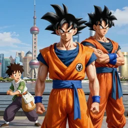 wonderful shanghai the bund, some dragon ball characters ， painting photoshop by mark ryden and pixar and hayao miyazaki, unreal 5, daz, hyperrealistic, octane render, cosplay, rpg portrait, dynamic lighting, intricate detail, harvest fall vibrancy, cinematic
