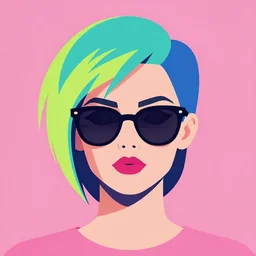 flat portrait art of an beautiful stylish beautiful retrofuturistic female punk wearing sleek oversized designer euro sunglasses, asymmetrical hair, shaded, full of colour, trending on artstation, 4 k, focused, vector, by kraftwerk, devo, simple bold clean lines, high fashion