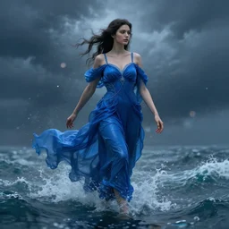 beautiful powerful water goddess clothed in a flowing blue gown strides through a stormy sea, detailed matte fantasy portrait, dynamic lighting, bokeh backdrop, by greg rutkowski, by peter mohrbacher, by brom