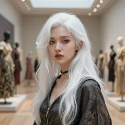 a ( girl with white hair as personification of art museum and fashion ), beauty portrait, fantasy art museum, digital art by krenz cushart, laurie greasly, wlop, artgerm, intricate, highly detailed, sharp focus, smooth, epic composition, joyful, unreal engine