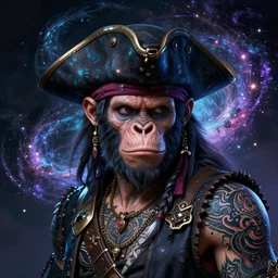 a wlop 3 d render of very very very very highly detailed beautiful mystic portrait of a young phantom ape pirate in a hat with whirling galaxy around, tattoos by anton pieck, intricate, extremely detailed, digital painting, artstation, concept art, smooth, sharp focus, illustration, intimidating lighting, incredible art,