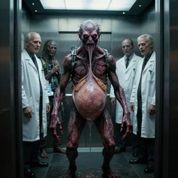 in the elevator, a full body wet skin creature with glowing eyes. under stage light, crawling humanoid monsters, smile face, labcoats, sci - fi equipment, saliva, membrane pregnancy sac, respiratory flap, super realism, claws, octane rendering, cinematic light. medium shot, 2 4 mm, david fincher, james wan, gritty, moody, eerie, dark arts