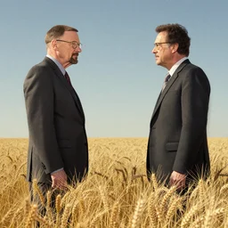 extreme long shot of walter white and gustavo fring standing in front of each other from a distance in a wheat field, low angle, side view, 8 5 mm photograph, 8 k resolution, wide shot, sharp lens