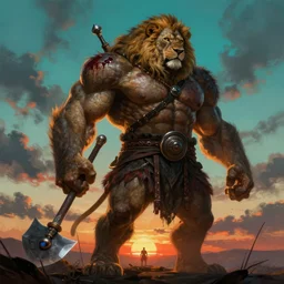 muscular oversized lion animal as barbarian hunter covered in blood with weapon and anthropomorphic human oversized mutant proportions and very hairy body , backlight  body , extreme very textured detailed panoramic  painting by andreas rocha , silhouette over sunset, dramatic clouds and cyan atmosphere