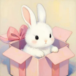 detailed illustration of a cartoon white rabbit in a gift box, pastel colors, painting, shading, by rebecca guay