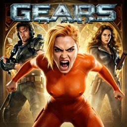 movie poster of Cara delevingne as Orange Samus Aran , angry face, screaming, Gears of War cover art, ultra wide lens shot,cinematic lighting, art by Artgerm and Greg Rutkowski and Alphonse Mucha