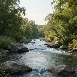 a beautiful landscape, river, rocks, trees, volumetric lighting, octane render