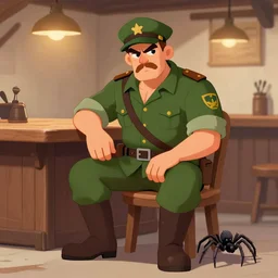 A gruff ranger sitting in a tavern with his pet Spider, digital art