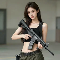 hyperrealistic photo of a hot girl holding an ar - 1 5 8 k