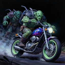 psychedelic blacklight airbrush artwork, motorcycles, hyper stylized action shot of orcs in battle armor racing on motorcycles, menacing orcs, drifting, skidding, wheelie, clear focused details, soft airbrushed artwork, black background, post - apocalypse, cgsociety, artstation