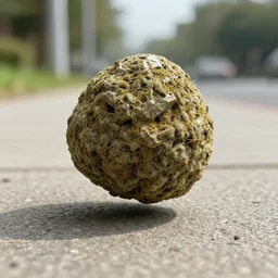 a large nugget of weed floating above the sidewalk, menacingly