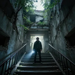 A mysterious man standing in the middle of a stair hallway looking in the direction of the camera, the man is using a flashlight in a City in ruins with trees growing from the destroyed buildings :: apocalyptic, gloomy, desolate :: long shot, low angle, dramatic backlighting, symmetrical photography :: cinematic shot, highly detailed, slightly colorful