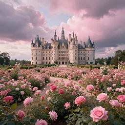 garden castle, many flowers, a few roses, clouds, dramatic clouds above, pink, dreamy ultra wide shot, atmospheric, hyper realistic, 8 k, epic composition, cinematic, octane render, artstation landscape vista photography by carr clifton & galen rowell, 1 6 k resolution, landscape veduta photo by dustin lefevre & tdraw, 8 k resolution, detailed landscape painting by