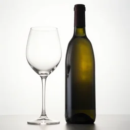 ultra realistic wine bottle and wine glass, low angle view, backlighting, product photography, menu image