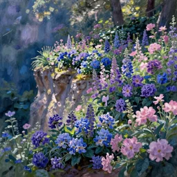 a gorgeous garden on the edge of a cliff filled with beautiful flowers of blue and violet and pink, monet