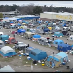 cctv footage of homeless tent city in walmart, high angle security camera feed, blurry and glitchy,