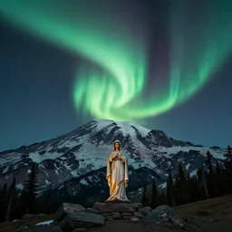 beautiful aurora in shape of virgin mary over mt rainier hdr ray tracing long exposure film