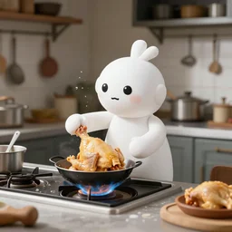 A puppet Water White cooking some chicken in a rundown kitchen