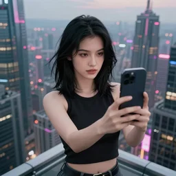 « attractive girl takes a selfie, cyberpunk, skyscrapers in the background, she in on the top of a building taking a selfie, sharp focus, photorealistic, unreal engine 5, glowing lights, realistic, highly detailed, front view, black hair, middle length hair »