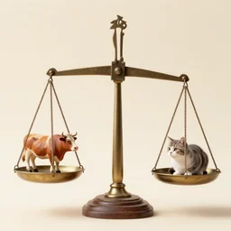 set of balance scales with weights, libra symbol, one cow and one cat in dish
