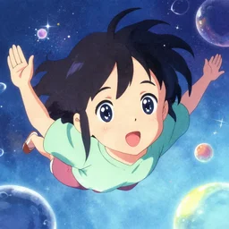portrait of a young girl floating in space, colorful, cute face by ilya kuvshinov, yoshinari yoh, makoto shinkai, dynamic pose, ( kyoani ), starry rounded eyes, illustration, anime poster, mads berg,, shading, celshade