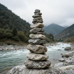 tall tower of stacked stones on the mountain river