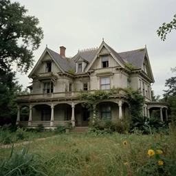 epic overgrown victorian mansion in desolate conditions in a beautiful landscape as an early 1975s photograph