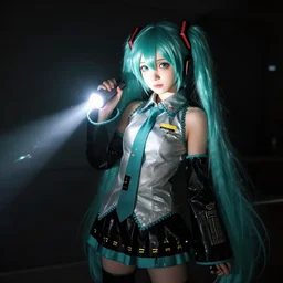 hatsune miku in a dark room, flashlight lighting, light reflecting on her, abyss, art