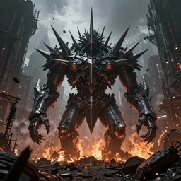giant black metal Spikes erupt out of the ground in a gothic medieval cyberpunk city, debris flying around, fire and pain, high quality, detailed, 8k, unreal engine, octane render, trending on artstation